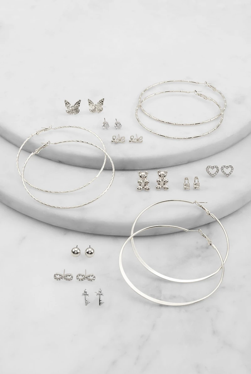 Metallic Assorted Stud and Hoop Earrings Set of 12