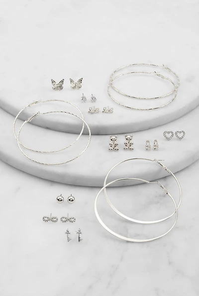 Metallic Assorted Stud and Hoop Earrings Set of 12
