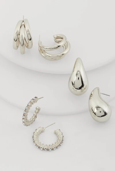 Metallic Rhinestone Hoop and Drop Earrings Set of 3