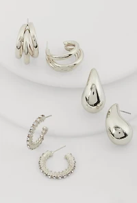 Metallic Rhinestone Hoop and Drop Earrings Set of 3