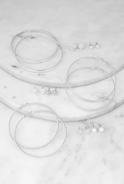Womens Assorted Stud and Hoop Earrings Set of 9, Silver