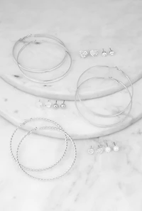 Womens Assorted Stud and Hoop Earrings Set of 9, Silver