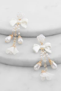 Womens Faux Pearl Bow Detail Drop Earrings, White