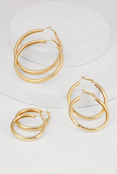 Womens Metallic Hoop Earring Trio, Gold