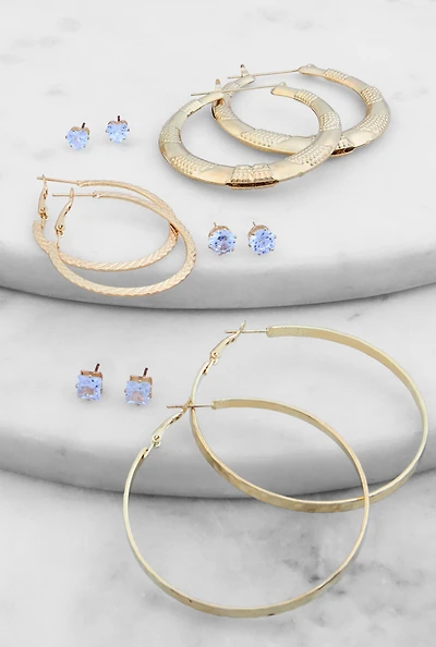 Womens Textured Hoop Earrings and Cubic Zirconia Stud Earrings Set of 6, Gold