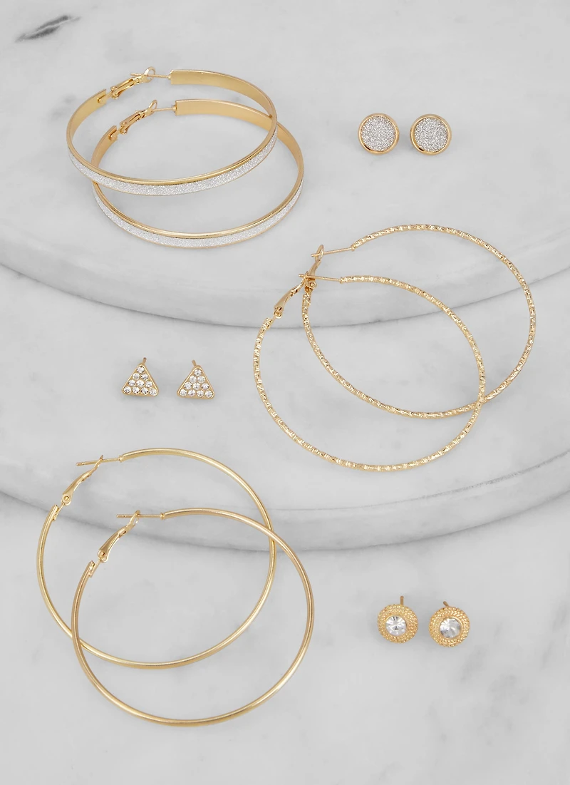 Womens Metallic Hoop and Stud Earrings Set of 6, Gold