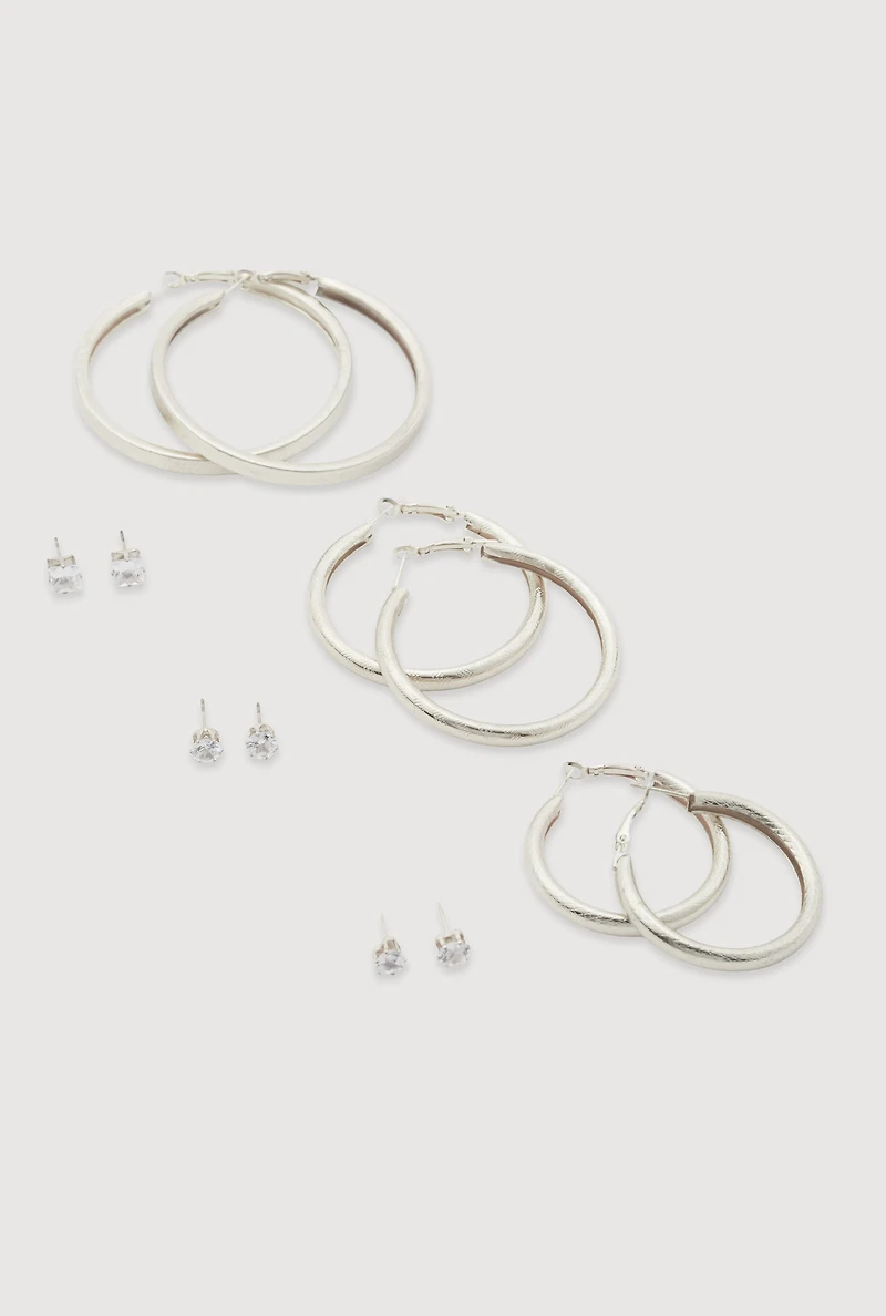 Hoop and Cubic Zirconia Stud Earrings Set of 6