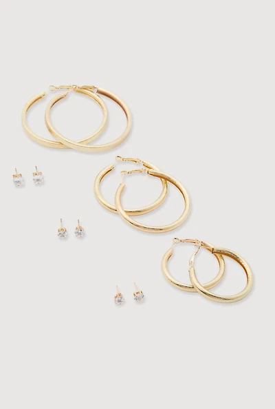 Womens Hoop and Cubic Zirconia Stud Earrings Set of 6, Gold