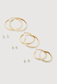 Womens Hoop and Cubic Zirconia Stud Earrings Set of 6, Gold