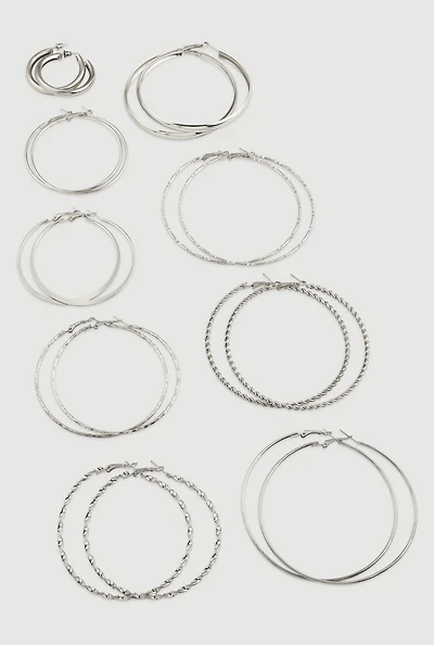 Assorted Metallic Textured Hoop Earrings Set of 9