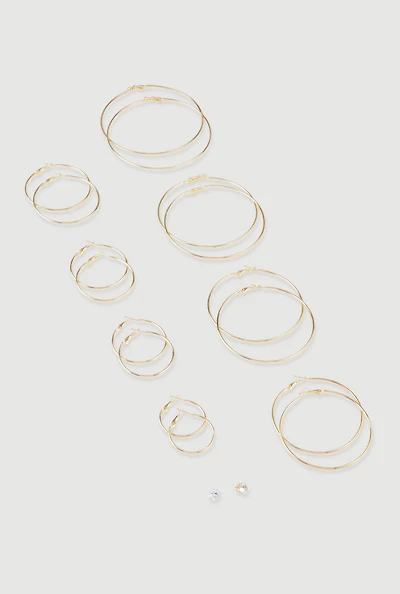 Metallic Hoop and Stud Earrings Set of 9