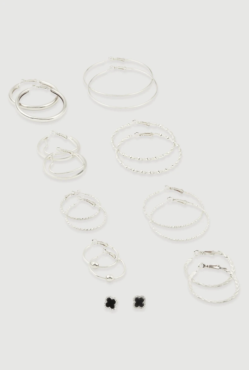 Metallic Assorted Hoop and Rhinestone Stud Earrings Set of 9