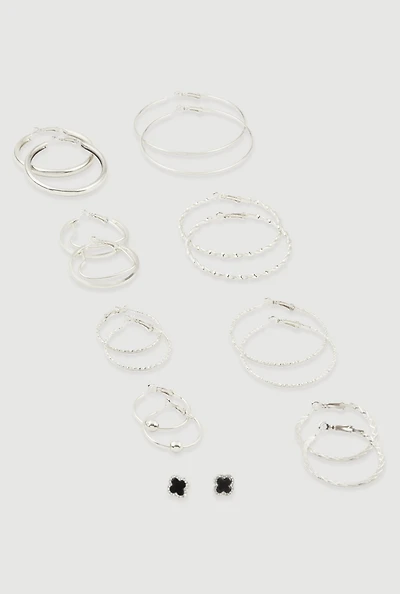 Metallic Assorted Hoop and Rhinestone Stud Earrings Set of 9