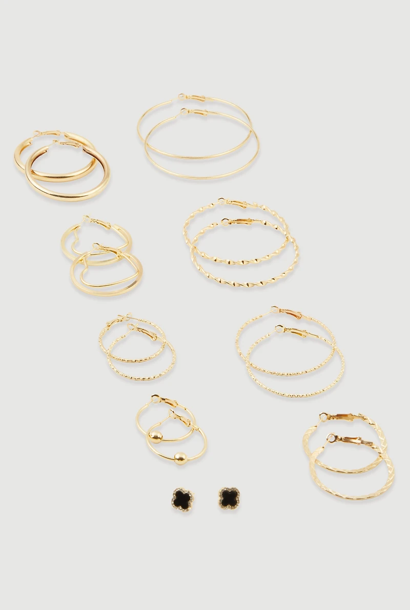 Metallic Assorted Hoop and Rhinestone Stud Earrings Set of 9