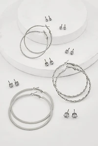 Womens Metallic Textured Hoop and Stud Earrings Set of 9, Silver