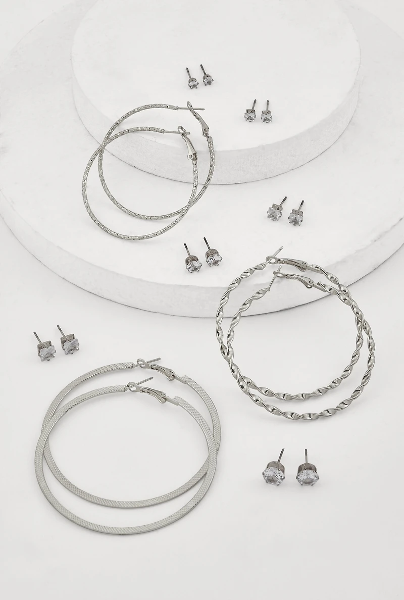 Womens Metallic Textured Hoop and Stud Earrings Set of 9, Silver