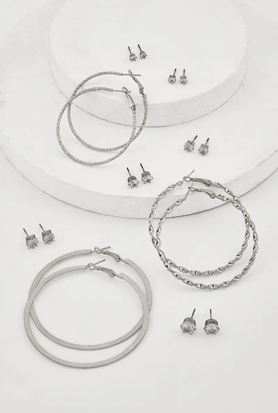 Metallic Textured Hoop and Stud Earrings Set of 9