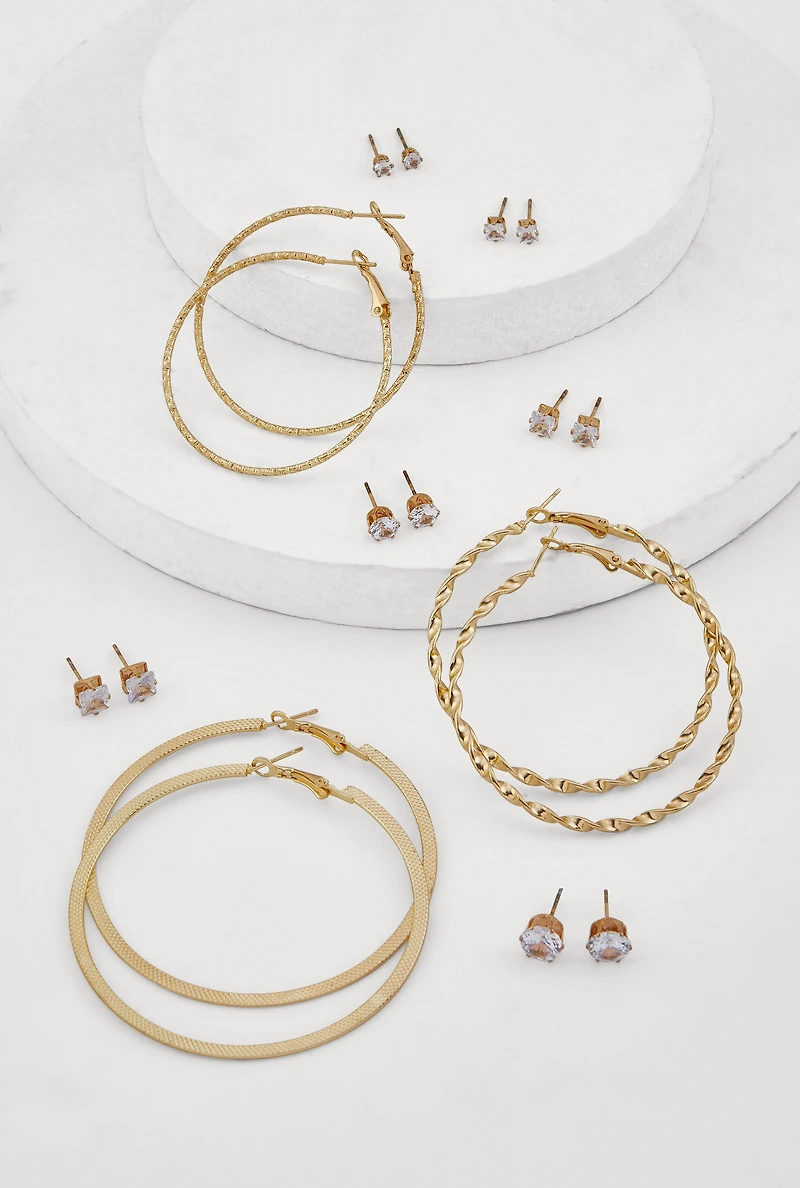 Womens Metallic Textured Hoop and Stud Earrings Set of 9, Gold