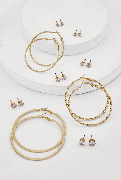 Womens Metallic Textured Hoop and Stud Earrings Set of 9, Gold