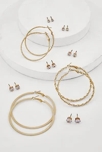 Womens Metallic Textured Hoop and Stud Earrings Set of 9, Gold