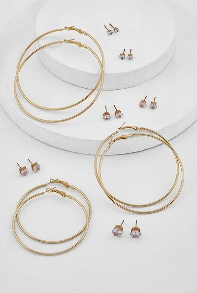 Womens Metallic Hoop and Cubic Zirconia Stud Earrings Set of 9, Gold