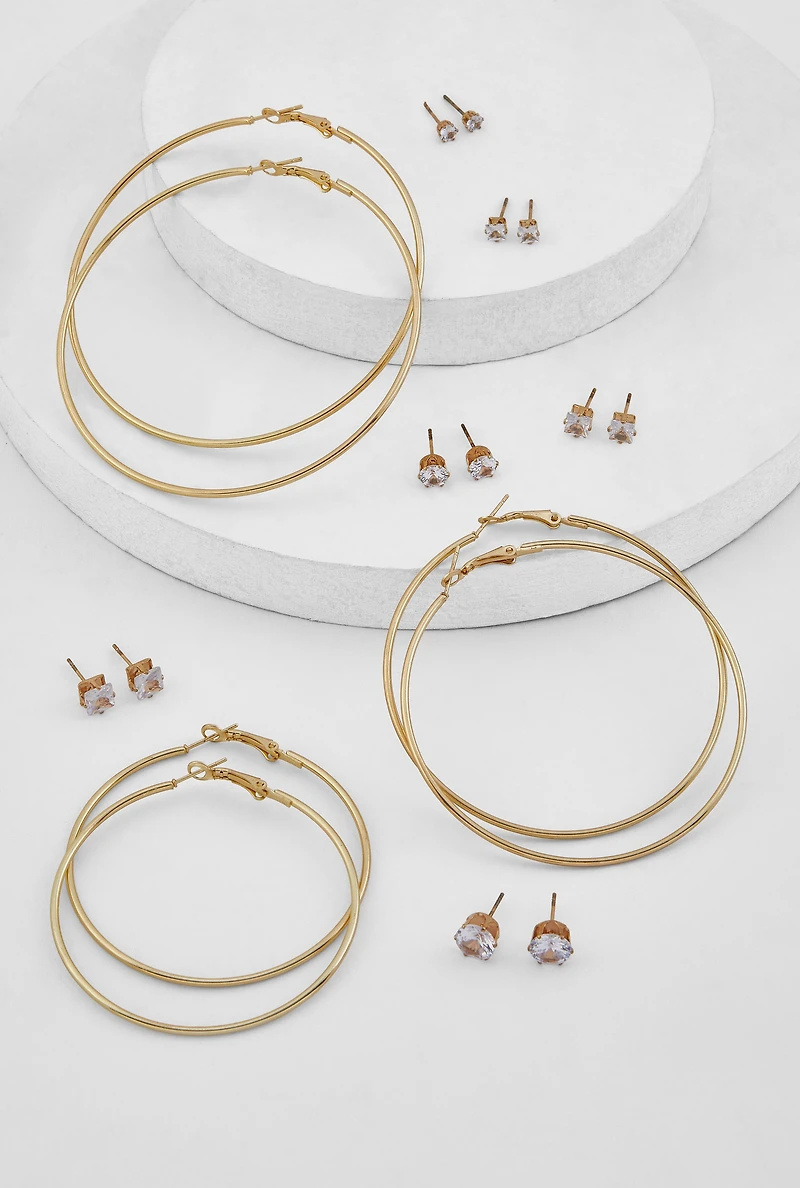 Womens Metallic Hoop and Cubic Zirconia Stud Earrings Set of 9,