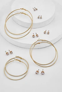 Womens Metallic Hoop and Cubic Zirconia Stud Earrings Set of 9,