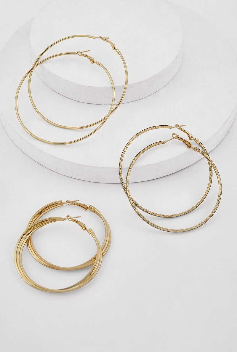 Womens Assorted Metallic Hoop Earrings Set of 3,