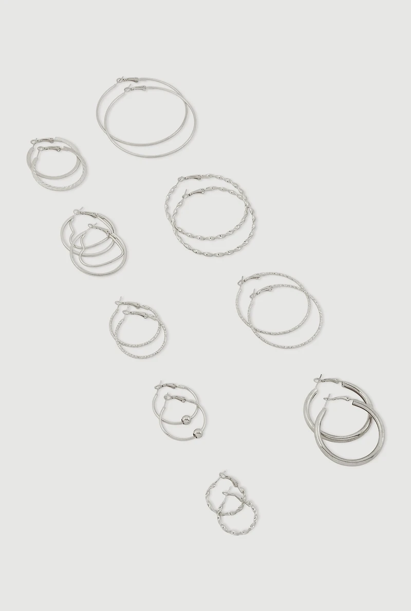 Womens Assorted Metallic Hoop Earrings Set of 9, Silver