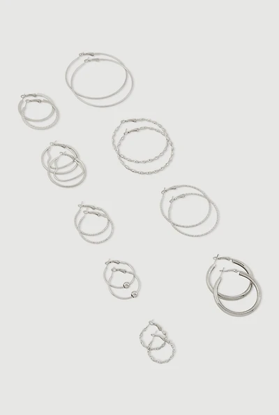 Womens Assorted Metallic Hoop Earrings Set of 9, Silver