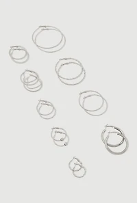 Womens Assorted Metallic Hoop Earrings Set of 9, Silver