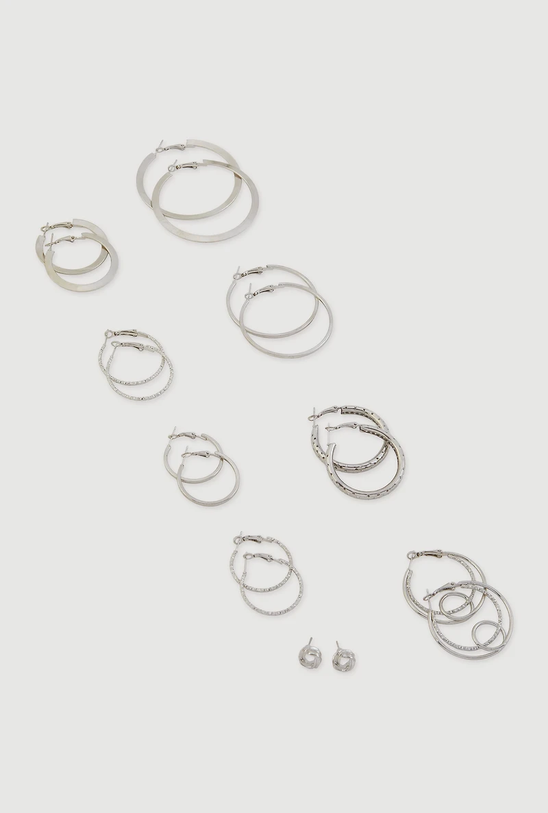 Womens Assorted Metallic Hoop and Stud Earrings Set of 9, Silver