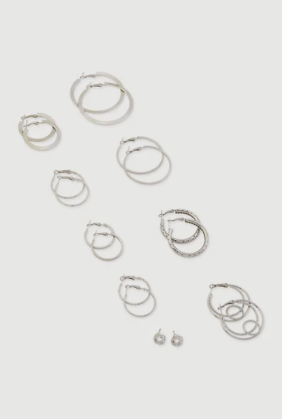 Womens Assorted Metallic Hoop and Stud Earrings Set of 9, Silver