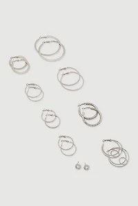 Womens Assorted Metallic Hoop and Stud Earrings Set of 9, Silver