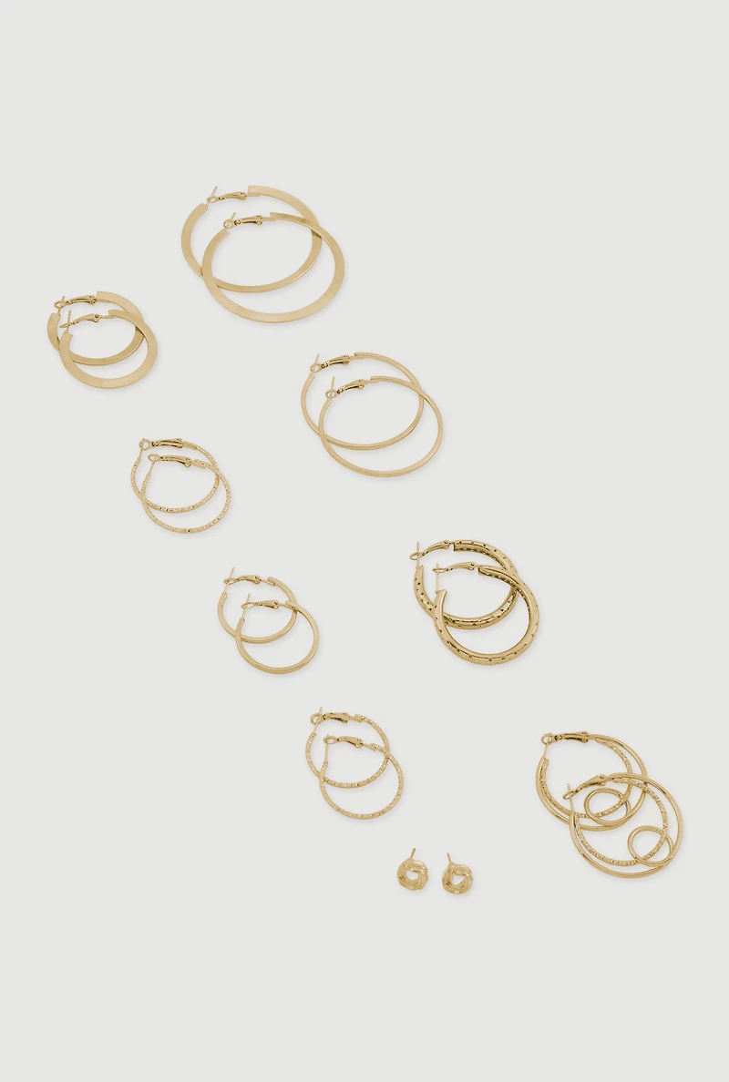 Womens Assorted Metallic Hoop and Stud Earrings Set of 9, Gold