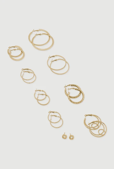 Womens Assorted Metallic Hoop and Stud Earrings Set of 9, Gold