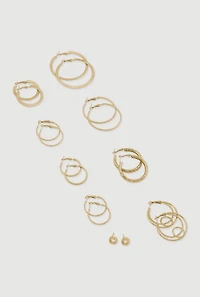 Womens Assorted Metallic Hoop and Stud Earrings Set of 9, Gold