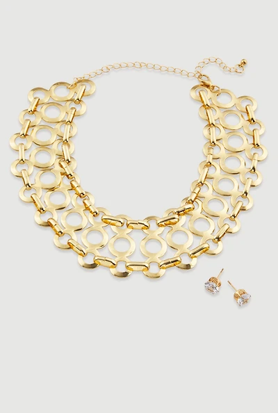 Cut Out Wide Choker Necklace with Stud Earrings