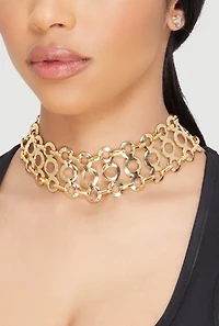 Cut Out Wide Choker Necklace with Stud Earrings