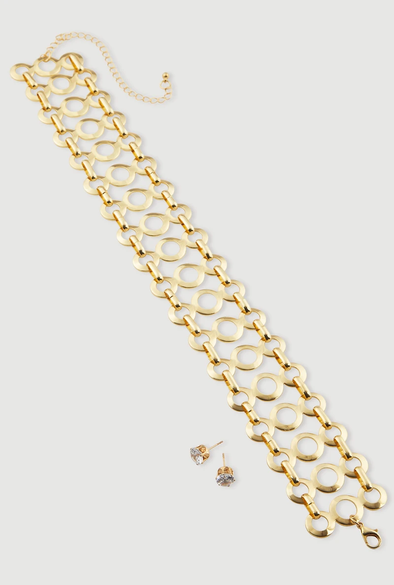 Cut Out Wide Choker Necklace with Stud Earrings