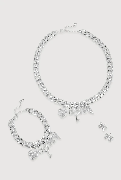 Rhinestone Charm Bracelet and Necklace with Bow Earrings