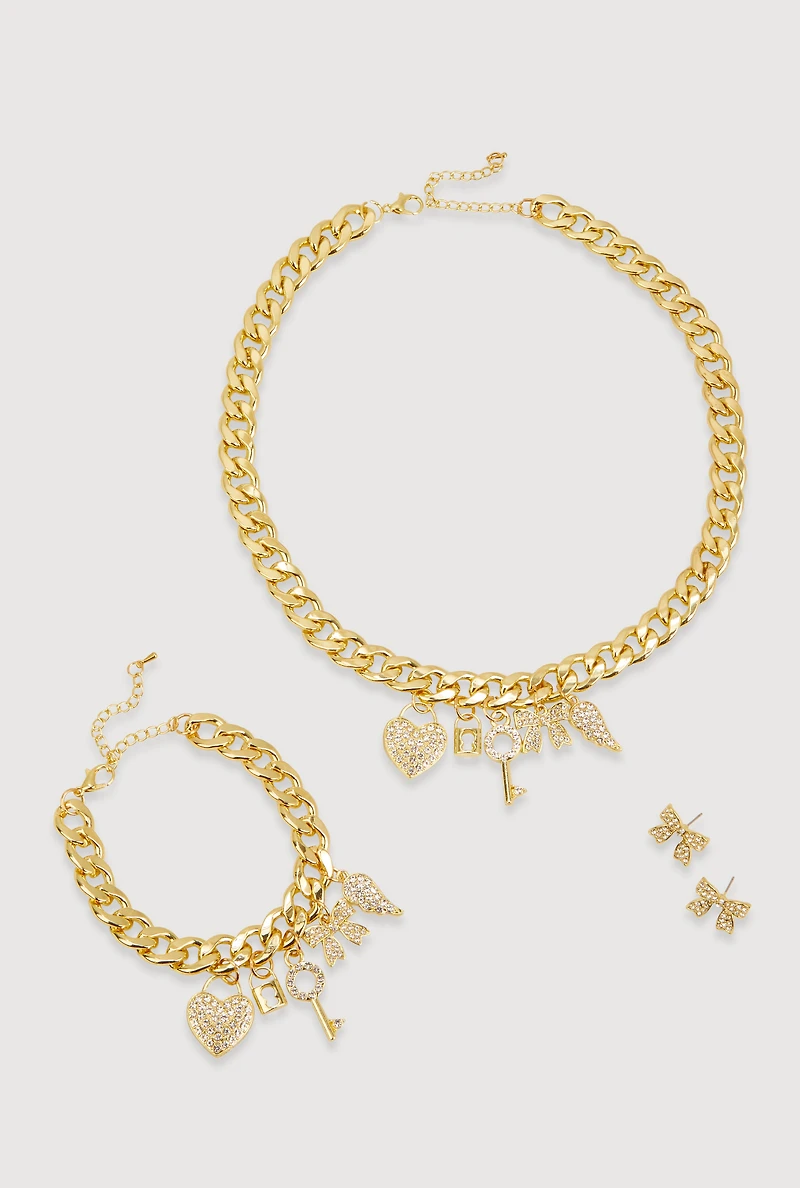 Rhinestone Charm Bracelet and Necklace with Bow Earrings
