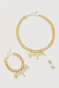 Rhinestone Charm Bracelet and Necklace with Bow Earrings