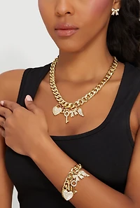 Rhinestone Charm Bracelet and Necklace with Bow Earrings
