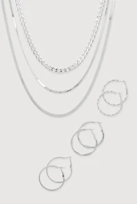 Herringbone Layered Necklace and Hoop Earrings Trio