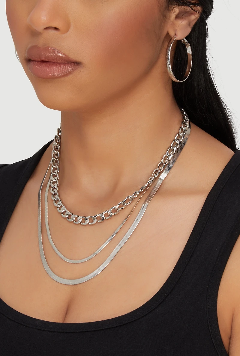 Herringbone Layered Necklace and Hoop Earrings Trio