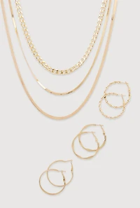 Womens Herringbone Layered Necklace and Hoop Earrings Trio, Gold