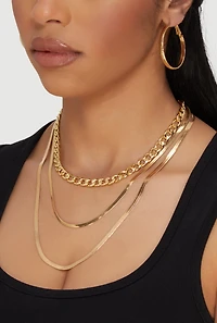 Womens Herringbone Layered Necklace and Hoop Earrings Trio, Gold