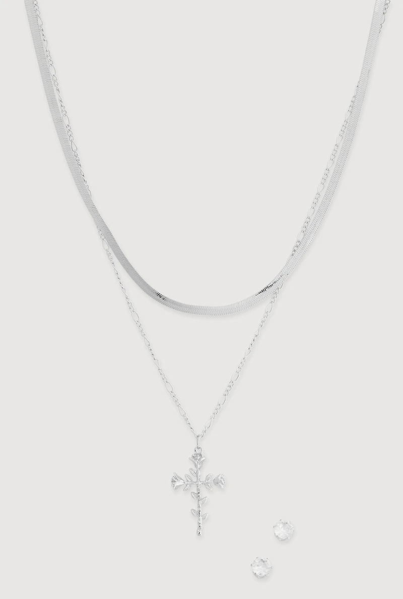Rose Cross Charm Layered Necklace with Stud Earrings
