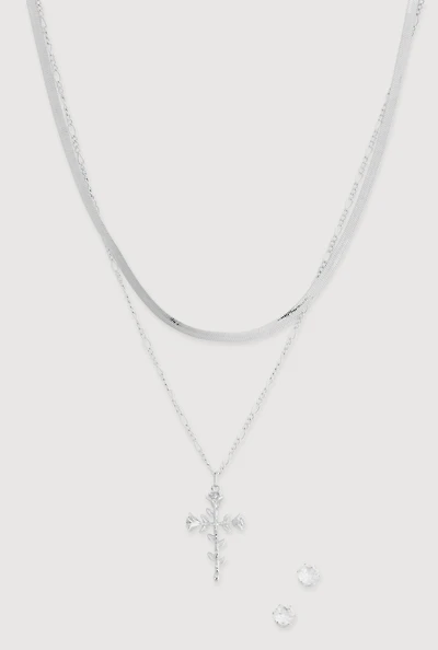 Rose Cross Charm Layered Necklace with Stud Earrings